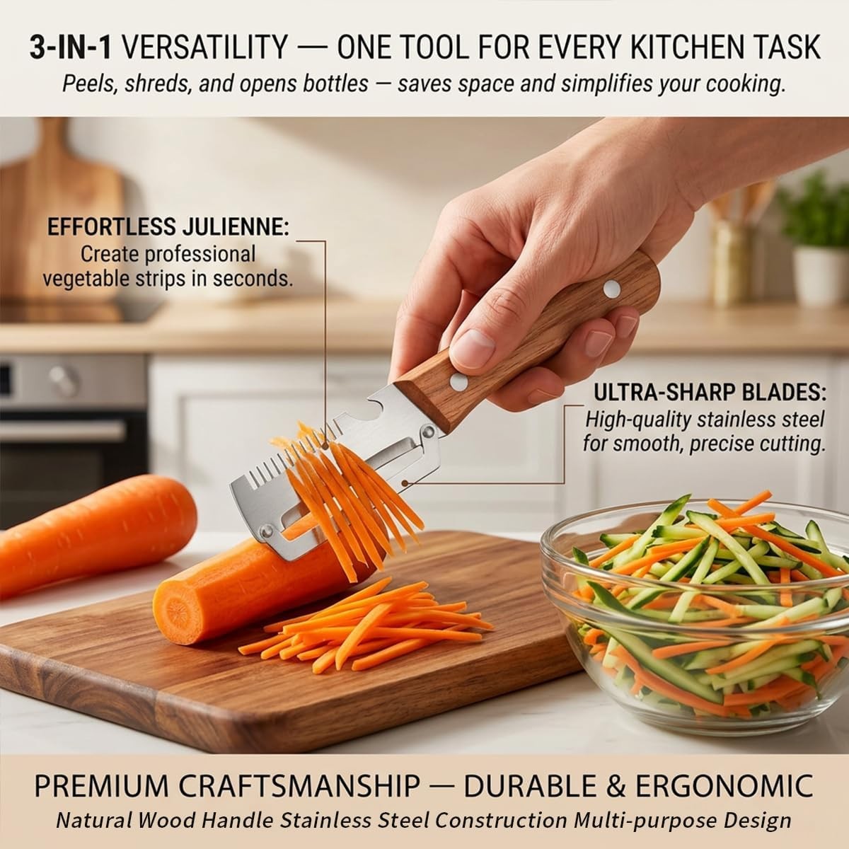 3-in-1 peeler showing julienne slicing, stainless steel blades and wooden handle