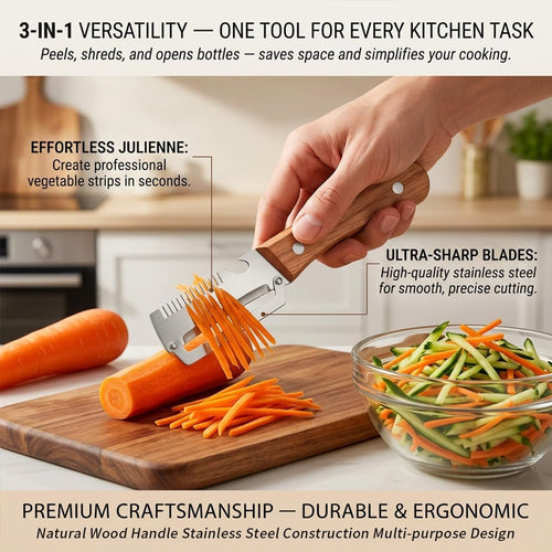 3-in-1 peeler showing julienne slicing, stainless steel blades and wooden handle