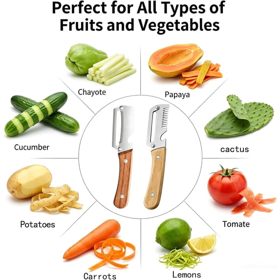 Wooden handle vegetable peeler being used for kitchen food preparation
